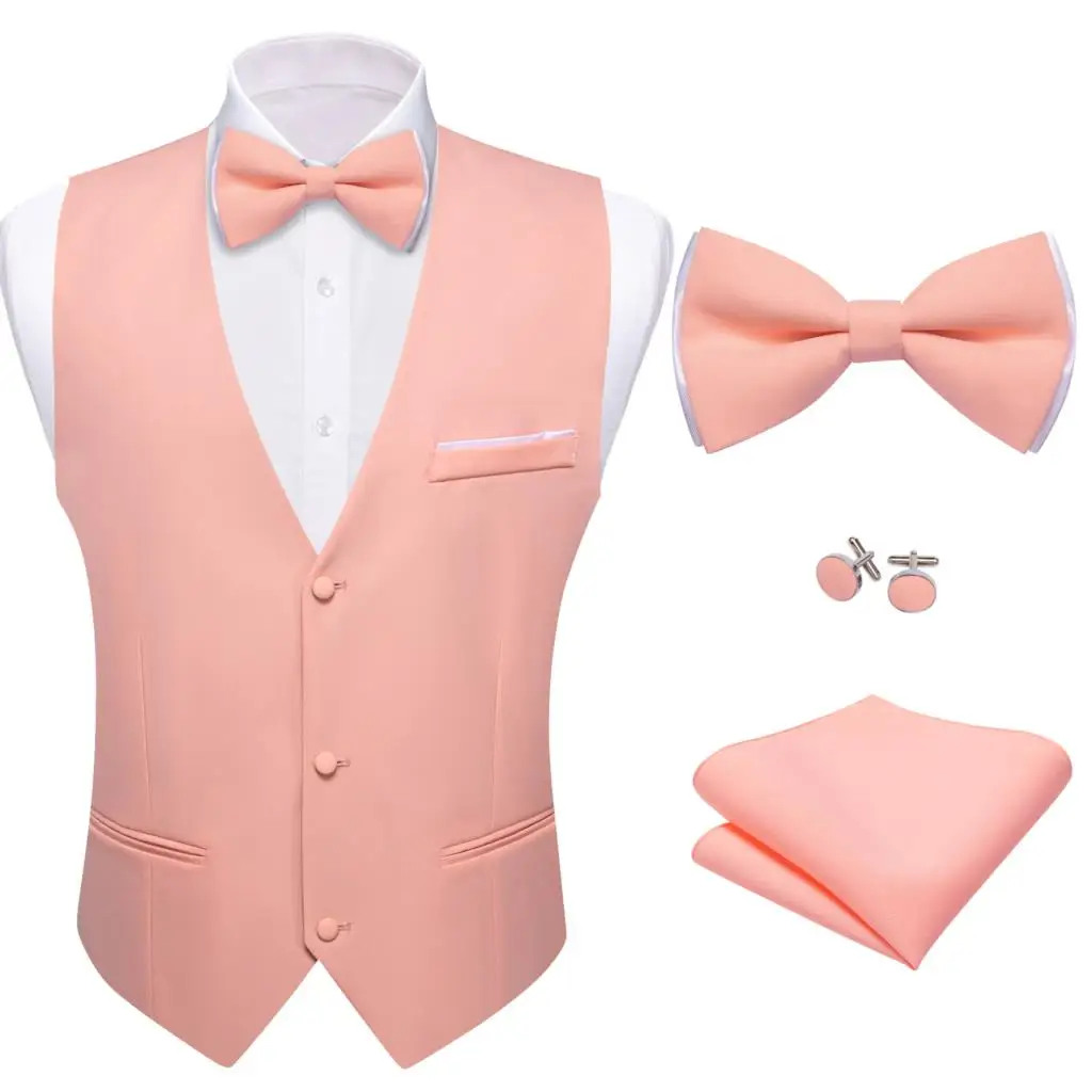 

Elegant Silk Vest for Men Coral Pink Solid Plain Waistcoat Bowtie Set Wedding Business Party Male Sleeeveless Jacket Barry Wang