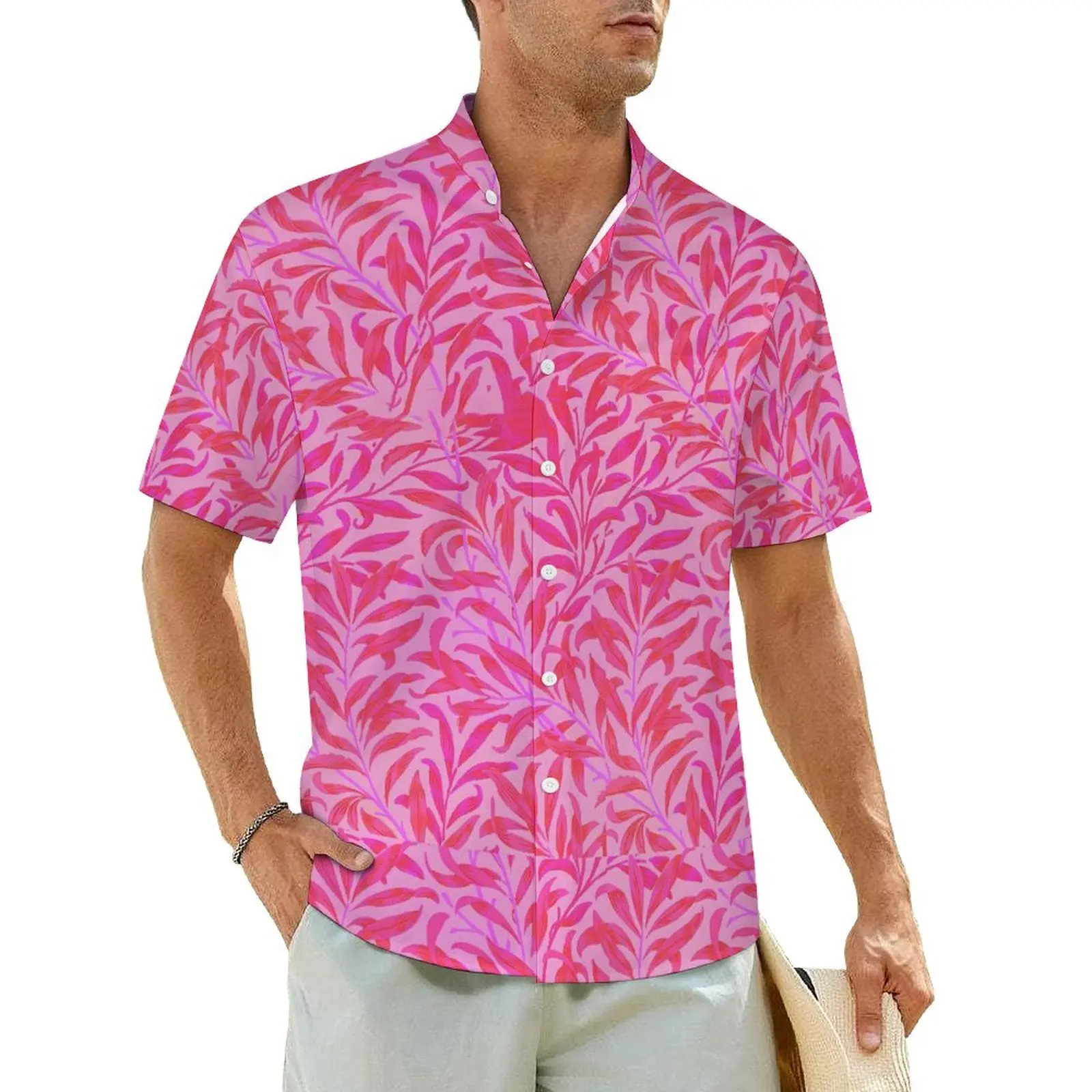 

Pink Leaf Beach Shirt Male Leaves Print Vintage Casual Shirts Hawaii Short Sleeve Breathable Graphic Oversized Blouses Gift