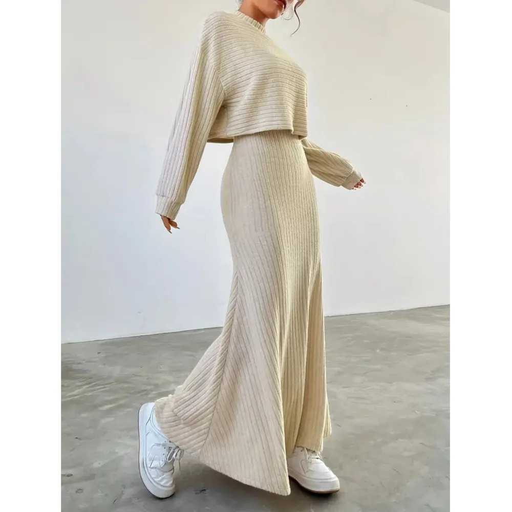Autumn Long Sleeved Top+long Dress Versatile Fashionable Frock Dress Set Leisure Conjuntos Femininos Elegantes Dos Piezas Mujer