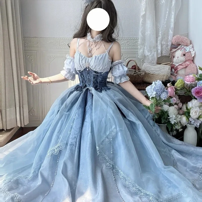 High Waist Slim Fit Blue Lolita Dress - Japanese Sweet Fairy Princess Costume, Long Puffy Evening Gown for Birthday Wedding 2026 view 6