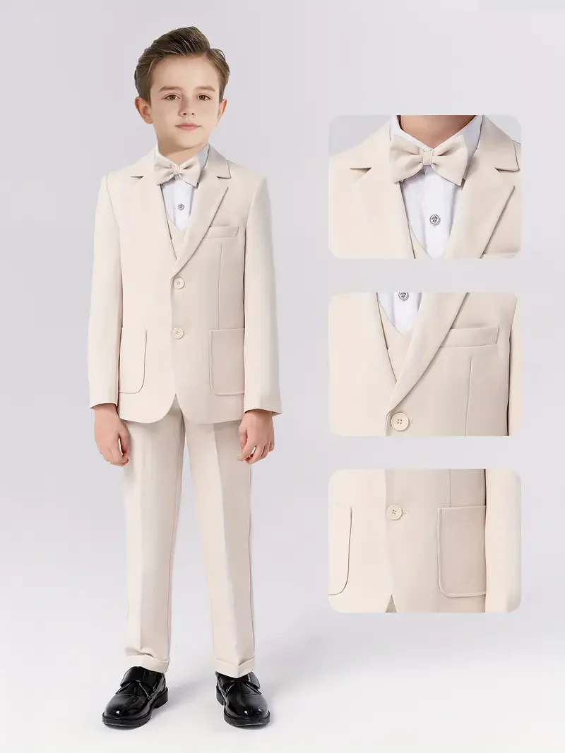 

Boys Beige 5Pieces/Set Jacket Vest Pants Bowtie Brooch Wedding Suit Boys Birthday Party Dress Children's Host Piano Blazer Suit
