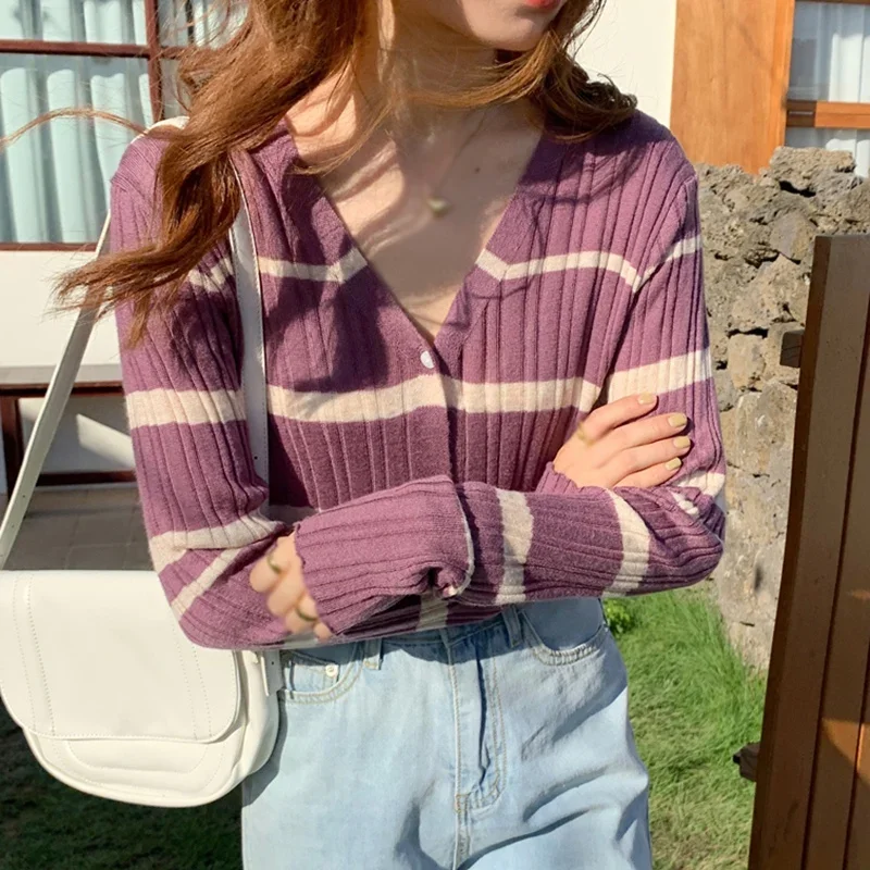 Damesvest Zacht wasachtig gebreid Zachte wind Dunne gestreepte korte trui met lange mouwen