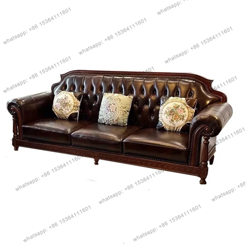 American medieval style retro style all solid wood leather sofa living room furniture three people