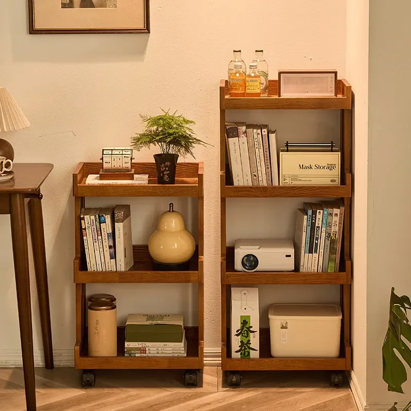 All solid wood movable trolley shelf floor bookshelf household multi-functional storage shelf snack storage rack