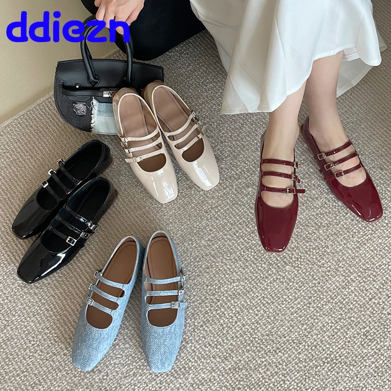 Fashion Shallow Buckle Strap Women Designer Shoes With Flats Spring Summer Square Toe Ladies Lolita Shoes Female Footwear