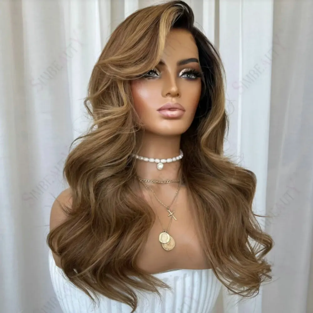 

Свободная волна Золотисто-коричневый Полный парик фронта шнурка Человеческие волосы Темные корни Балаяж 100% натуральные человеческие волосы 13X4/13x6 Парик фронтальной части шнурка