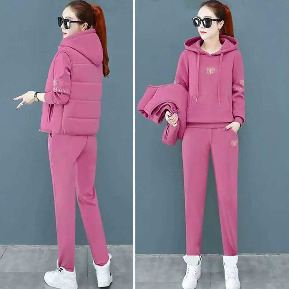 Lady Sport Clothes Women's Winter Tracksuit Set with Embroidered Hoodie Padded Coat Elastic Waist Pants 3 Piece for Cold