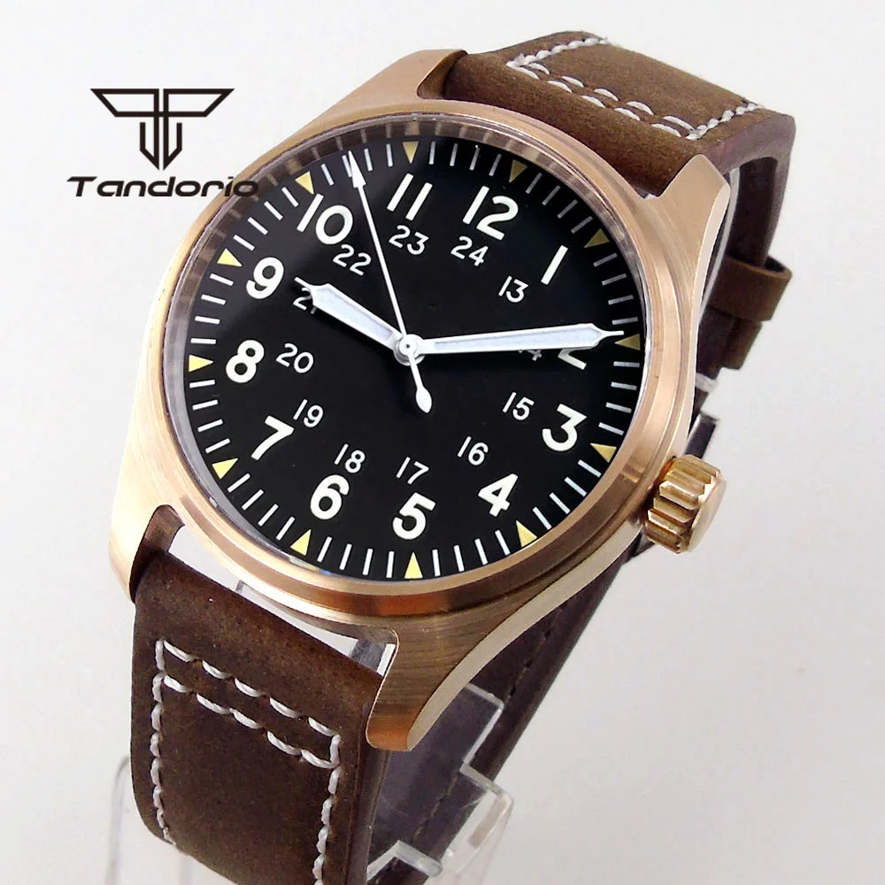 Tandorio Real Cusn8 Bronze Luxus 200M Diver Automatik Herrenuhr NH35 PT5000 Saphirglas Leder Schraubkrone Grün leuchtend