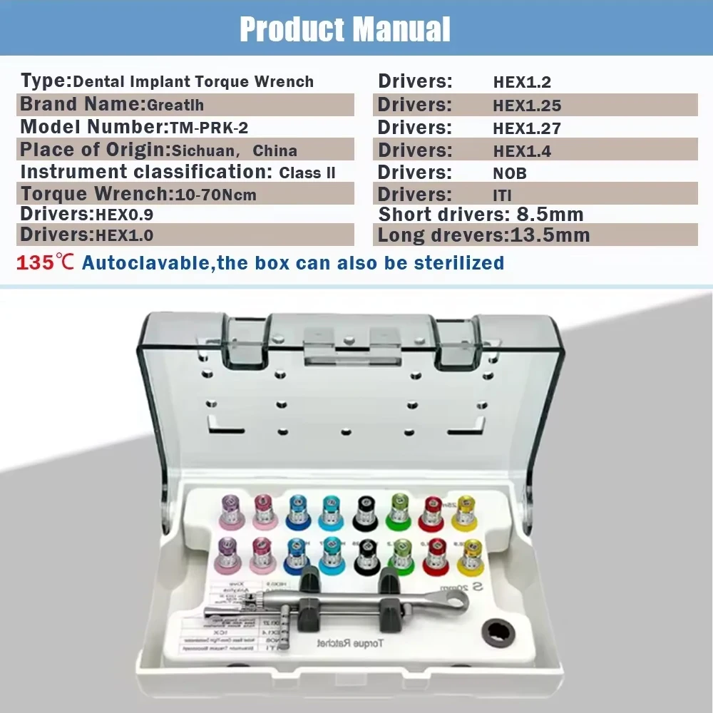 

Dental Torque Wrench Prosthetic Kit Implant Screwdriver Universal Hand Driver with Autoclavable Case for Implant Dentistry Tools