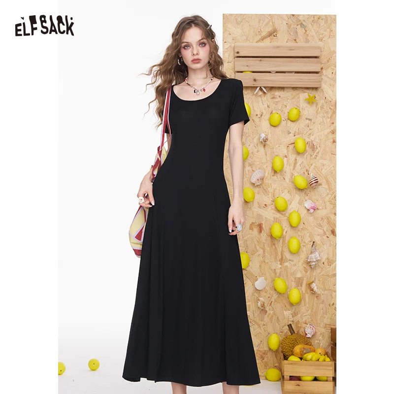 ELFSACK Abito lungo da vacanza a maniche corte elegante tinta unita slim fit per donna
