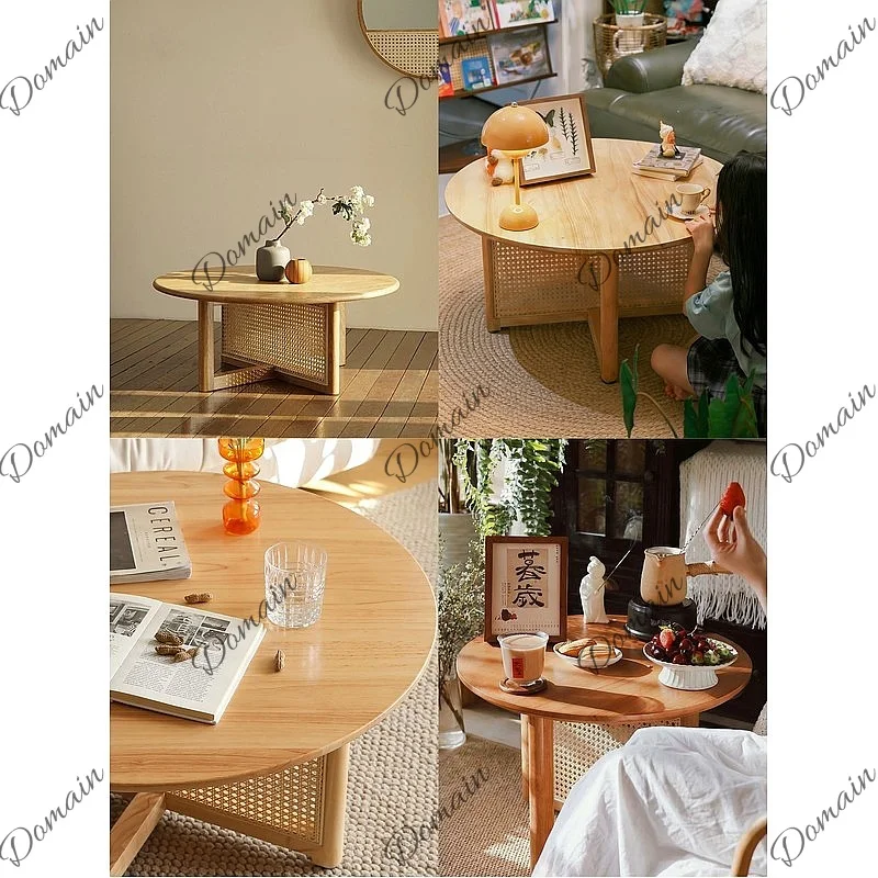 Natural Solid Wood Round Rattan Tea Table For Small Space, Wabi-Sabi Japanese Style Balcony
