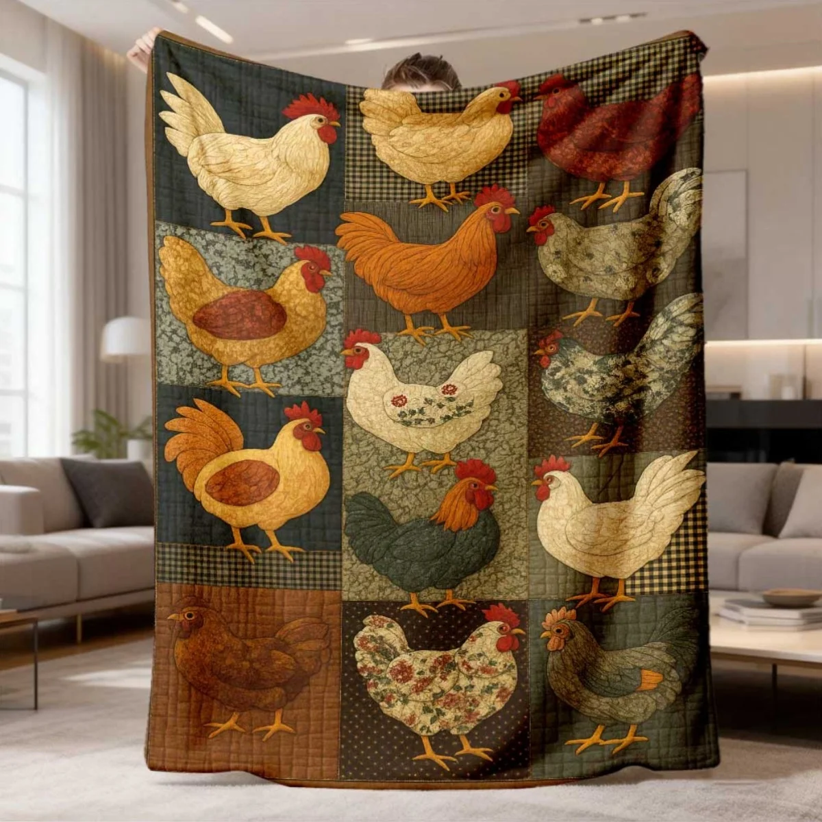 Dark Plaid Patchwork Vintage Farm Chicken Flannel Throw Blanket, Soft Blanket For Sofa, Country Farmhouse Rustic Home Decor Gift