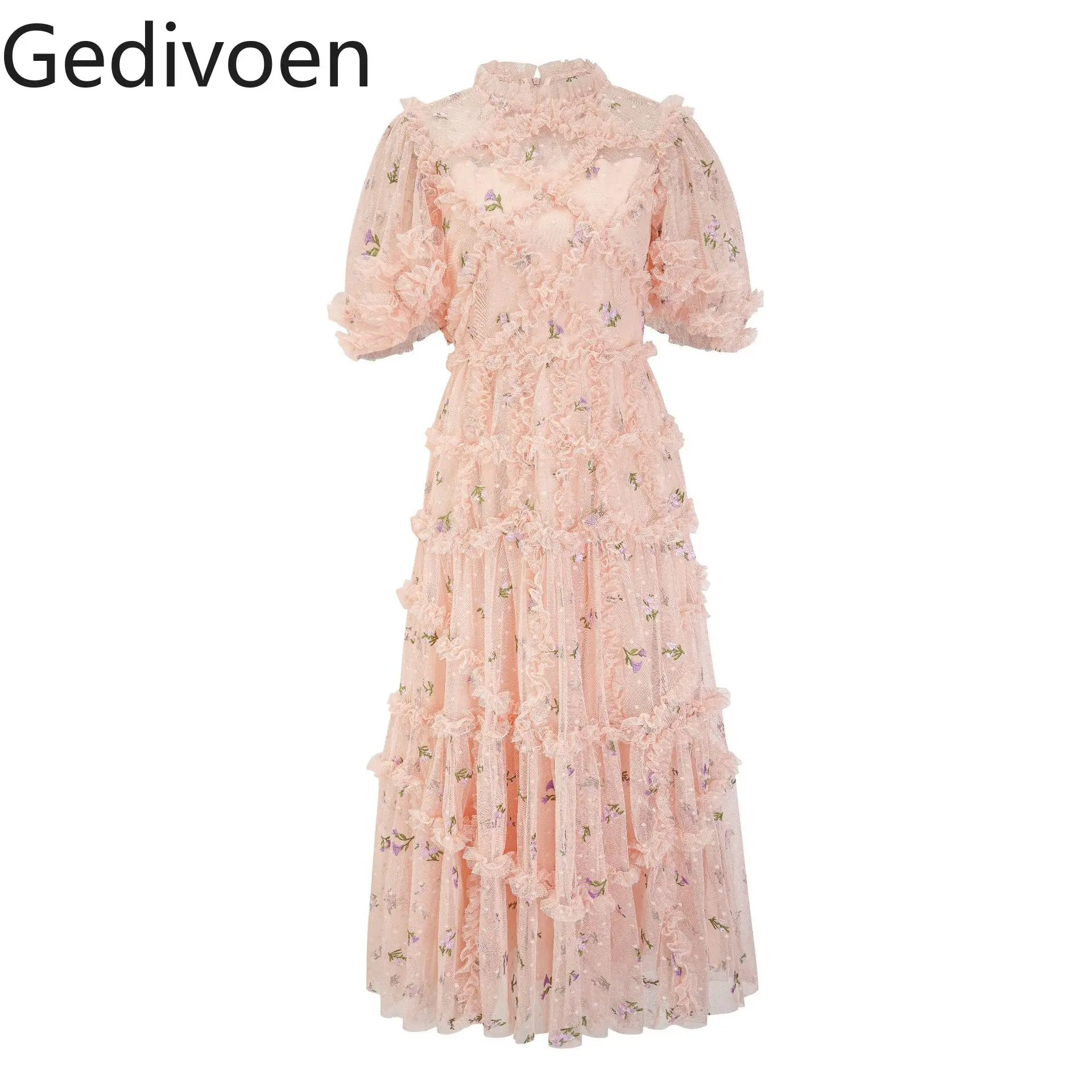 

Gedivoen Fashion Designer Summer Women's Dresses Half High Collar Floral Printing Folds Office Lady Slim Fit A-LINE Dress