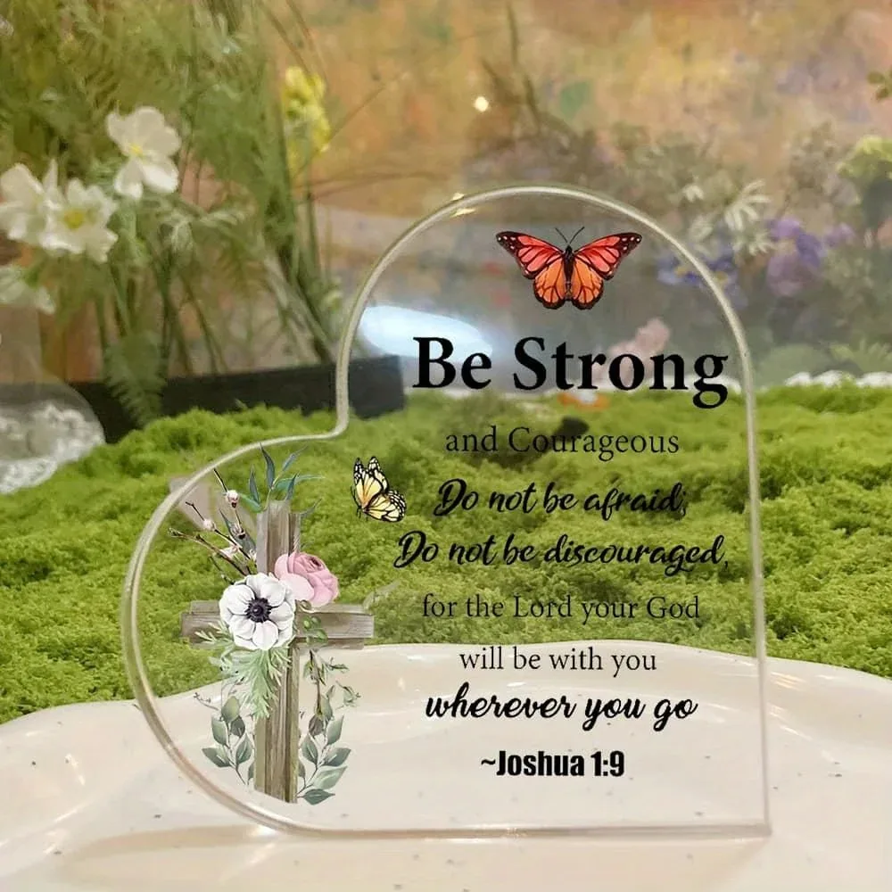CIFBUY Acrylic Wall Decor Inspirational Floral Heart Butterfly Art Strong Brave Boho Home Office Room Christian Gift Sign