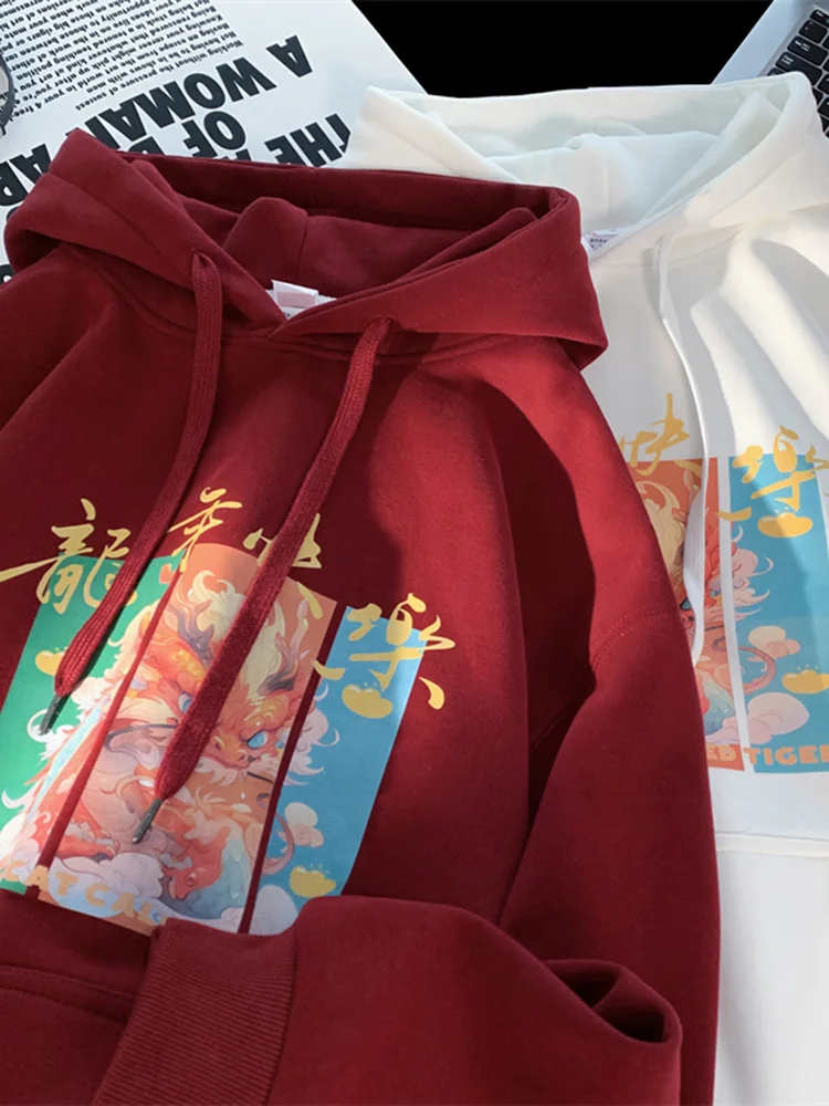 

Мужская толстовка с капюшоном цвета красного вина, весенне-осенняя, в американском стиле, с драконом, утепленная, ретро, свободного кроя, верхняя одежда