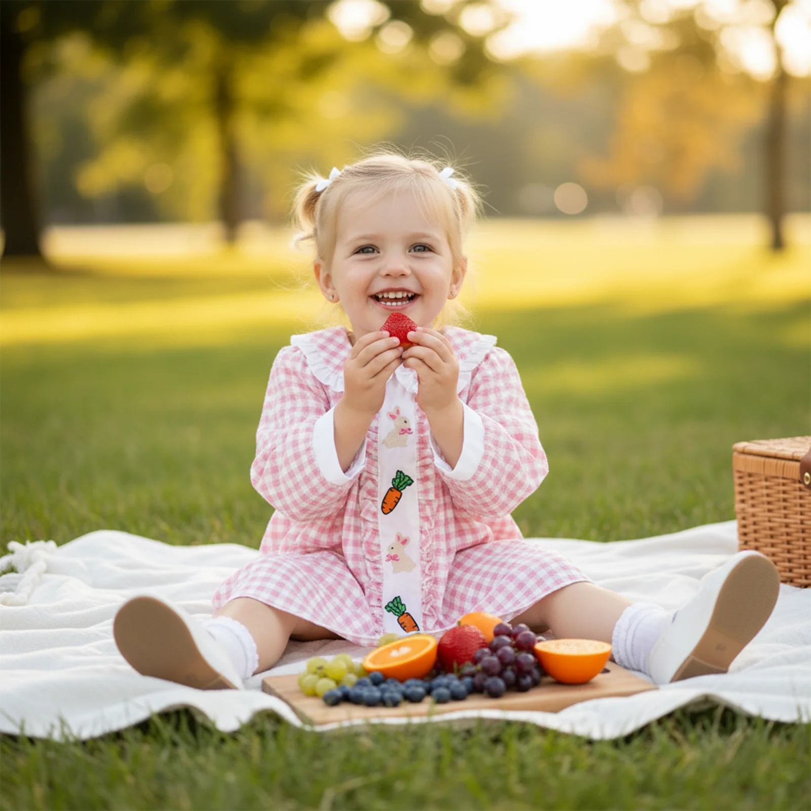 فستان عيد الفصح للفتيات الصغيرات بأكمام قصيرة وياقة الدمية على شكل أرنب وجزر مطرز فستان ربيعي للأطفال الصغار #4