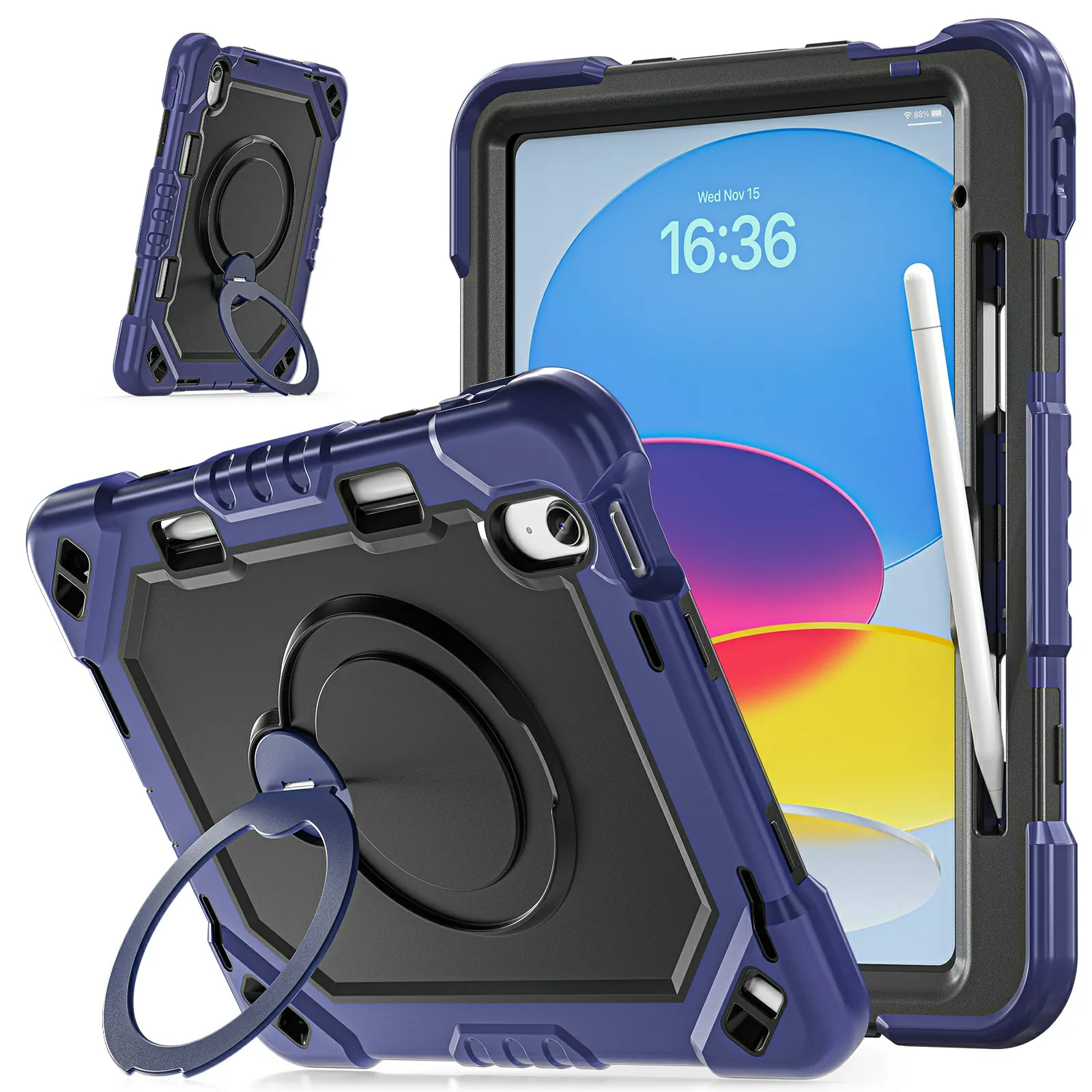 For iPad 10.9 (2022)  /  (2025) Case TPU + PC + Silicone Shockproof Tablet Cover with Kickstand Handle Grip - Navy Blue+Black