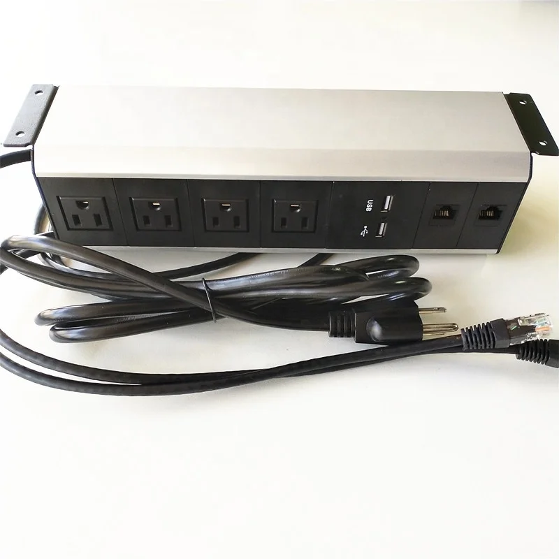 독특한 4구 미국식 AC 콘센트 데스크 걸이형 멀티탭 USB 포트 RJ45 데이터 마운트 포함 책상 아래 테이블 가장자리 연장 소켓