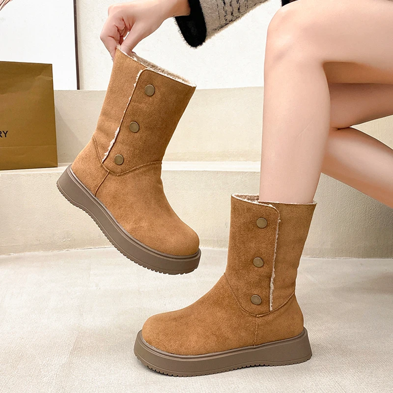 New Women Fur Ankle Snow Boots Flats Sneaker Casual Short Boots 2025 Winter Trend Warm Cotton Shoes Comfort Chelsea Botas Mujer