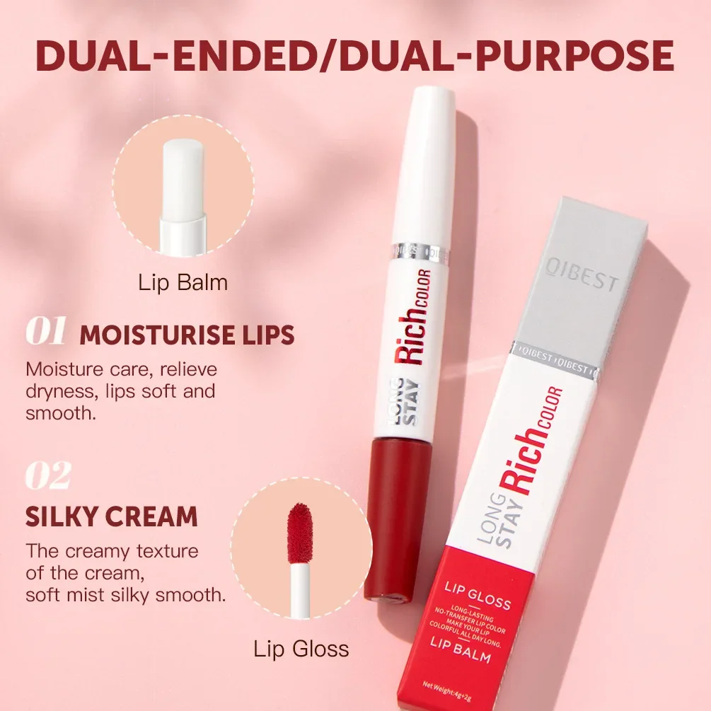 QIBEST Double Head Matte Liquid ลิปสติก 8 สีกันน้ํา Long-Lasting Makeup Lip Balm ลดริ้วรอย Lip GLOSS เครื่องสําอาง