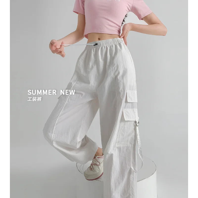 

Нейлоновые спортивные брюки для женщин, летние драпированные широкие брюки с высокой талией, повседневные прямые быстросохнущие брюки-карго для женщин