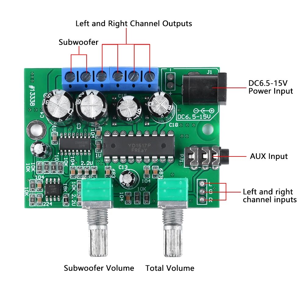 Placa amplificadora de potencia de 2,1 canales, amplificador clase D de sonido, HiFi, 25W + 6W + 6W DC 6,5-15V, Control de volumen para altavoz,