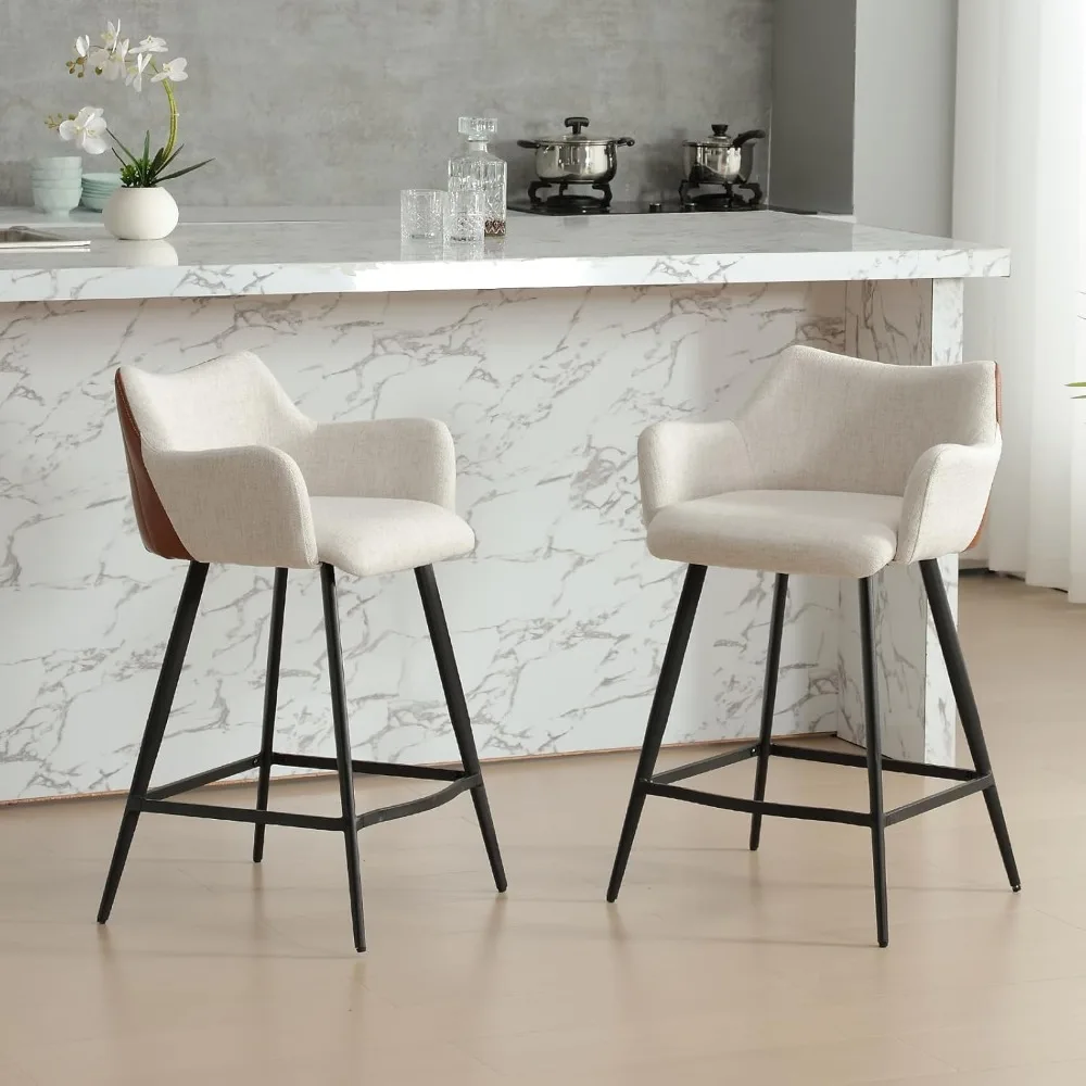 

26" Counter Height Stools Set of 2, Modern Linen Fabric Upholstered Barstool with Color Blocking Backrest, Comfy Stool Armchair