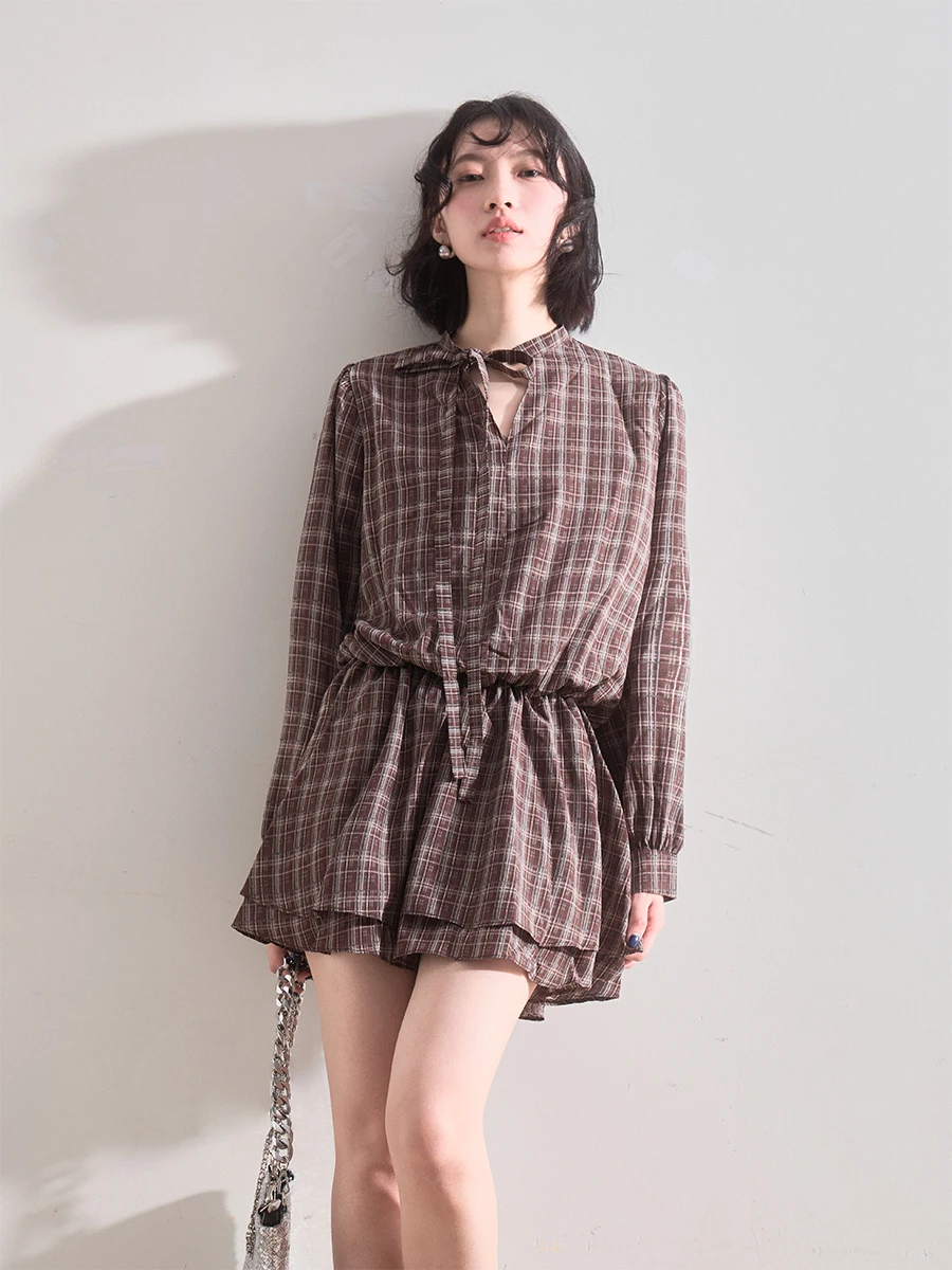

Liparpa Spring Cacao Sugar V-ne Tied Long Sve Plaid ort Dr Women's Classic Sle Loose Fit A-line Skirt Dr