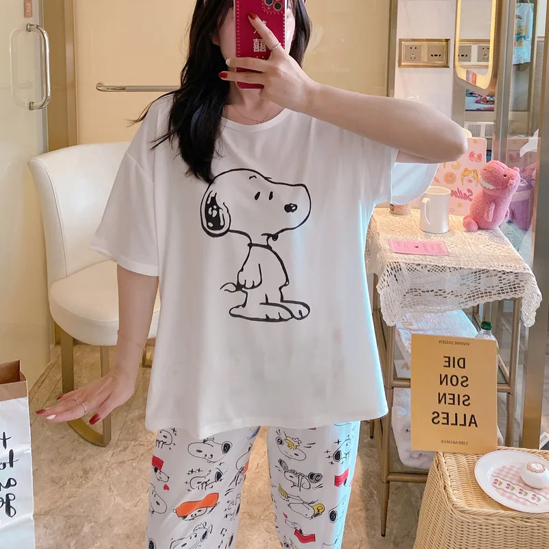 Snoopy Women Pajama Set Anime Short Sleeve Shirt Trousers Sleepwear Breathable Cartoon Nightwear Homewear Pyjamas Clothing Gifts