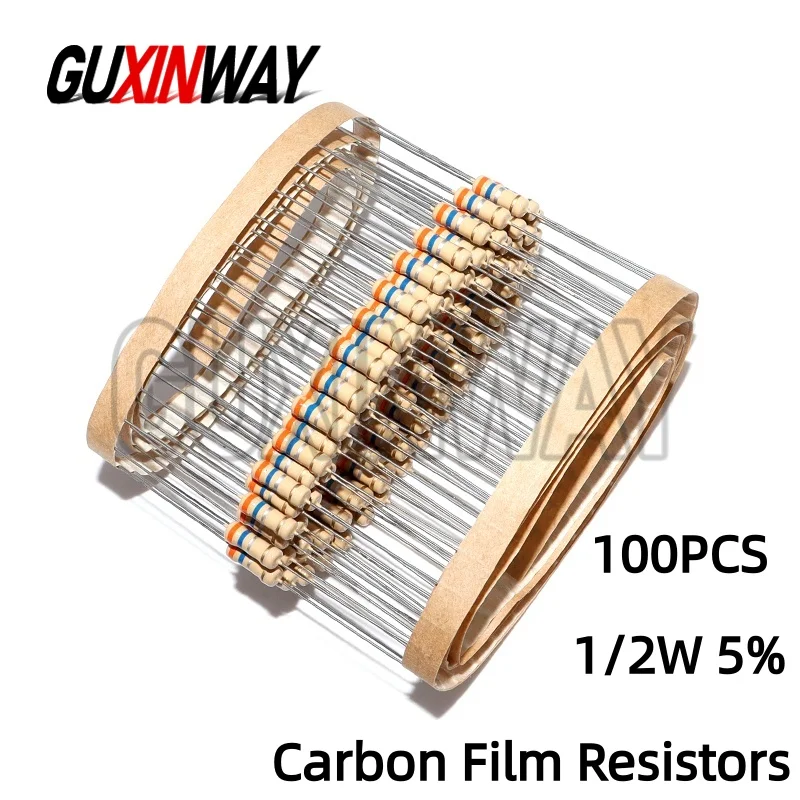 100PCS Carbon Film Resistors 1/2W 5% 100R 220R 1K 1.5K 2.2K 4.7K 10K 22K 47K 100K  Ohm New Resistance 0.1R~10M