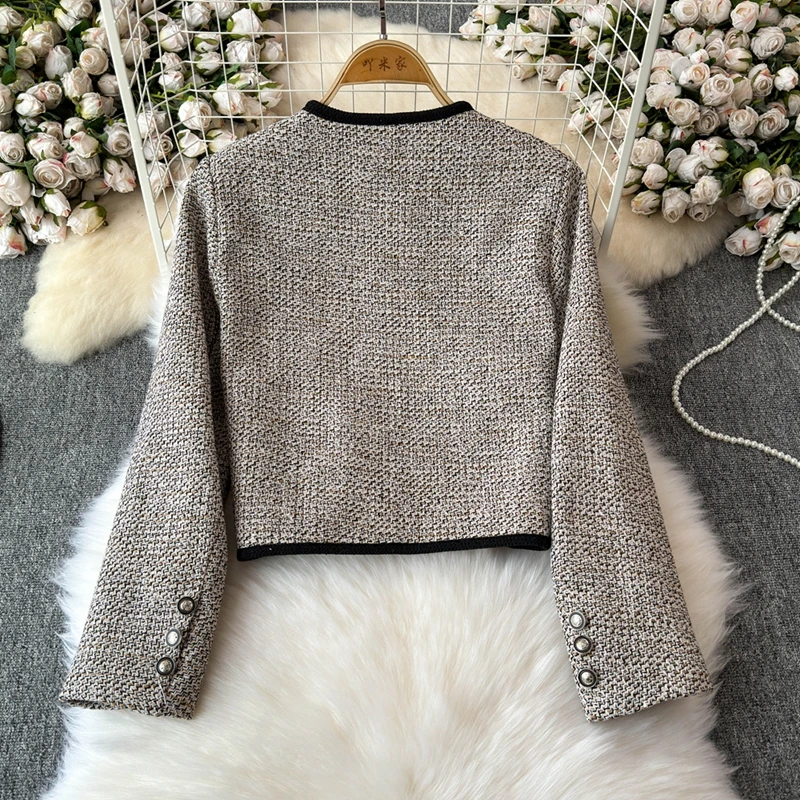 2024 Winter New Fashion Coarse Tweed Jacket For Women Contrast V-Neck Elegant Coat small fragrance short Jacket Top