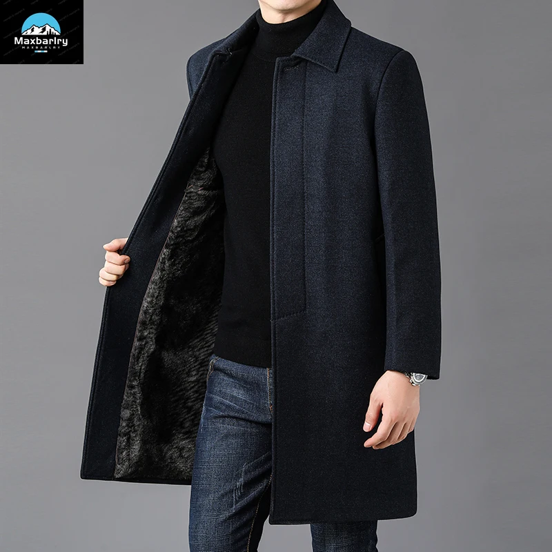 

Winter Long Woolen Coat Men's Luxury Fashion Windproof Fleece-lined Thickened Jacket Men's Single Breasted Wool Blended Coat