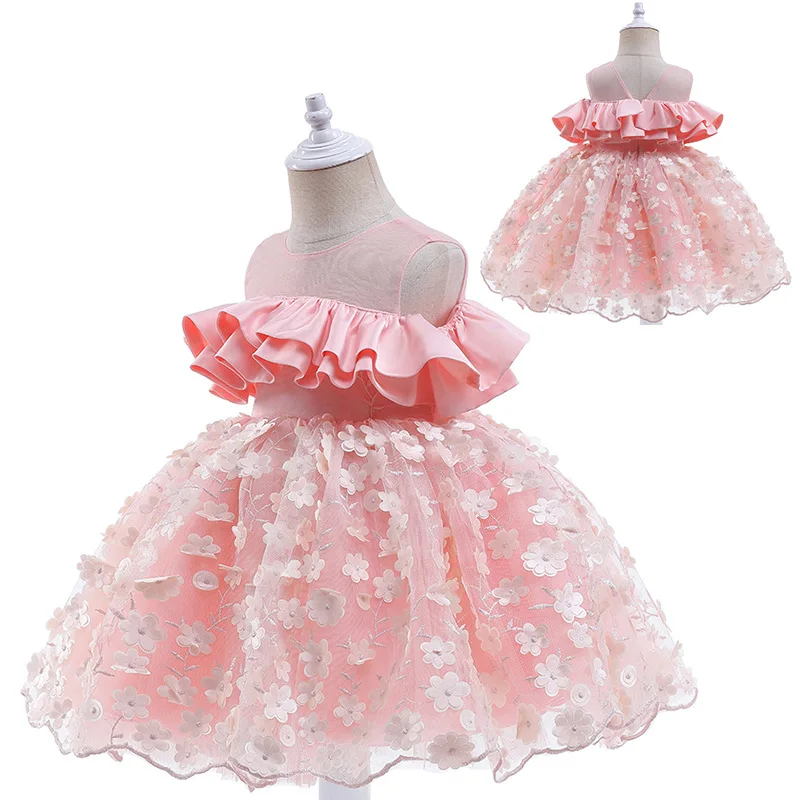 Puffy Pink Toddler Children Baptism Baby Bow Puffy Girl Princess Dress Ball Gown Girls Baby Dress 3-12 Year Old  Clothes