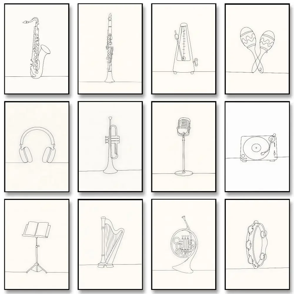 Minimalist Musical Instrument Line Drawing Poster Selfadhesive Living Room Bedroom Party Bar Decor Moisture-proof Fade-resistant