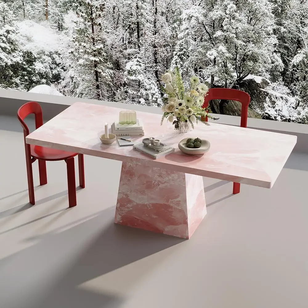 #"Vintage Pink Jade Stone Table - Customizable Rectangular Luxury Marble Desk for Dining/Office Mid-Century Style" - view 2