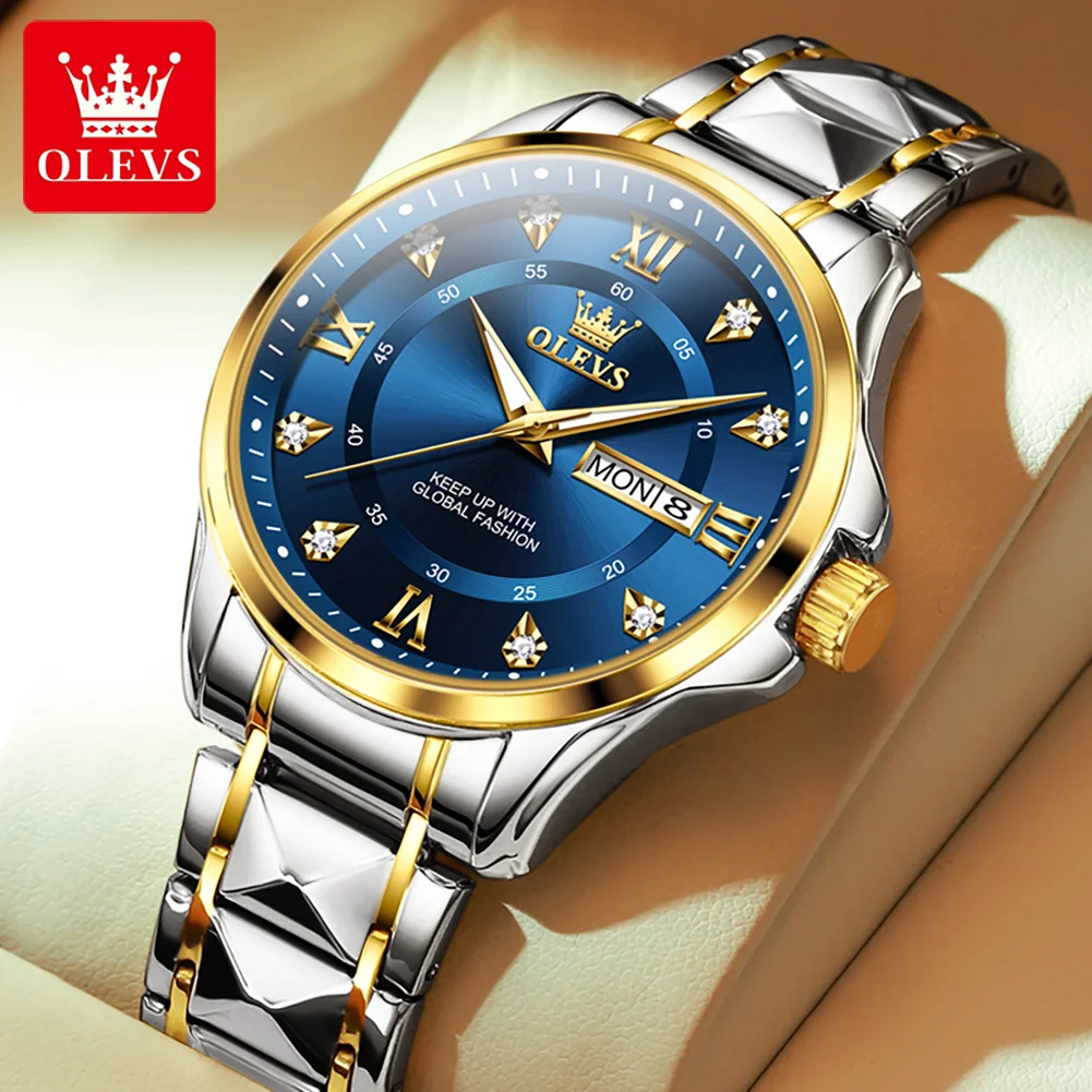 OLEVS Luxury Quartz Watches for Men Stainless Steel Dual Calendar Luminous Waterproof High Quality Fashion Business Man Watch