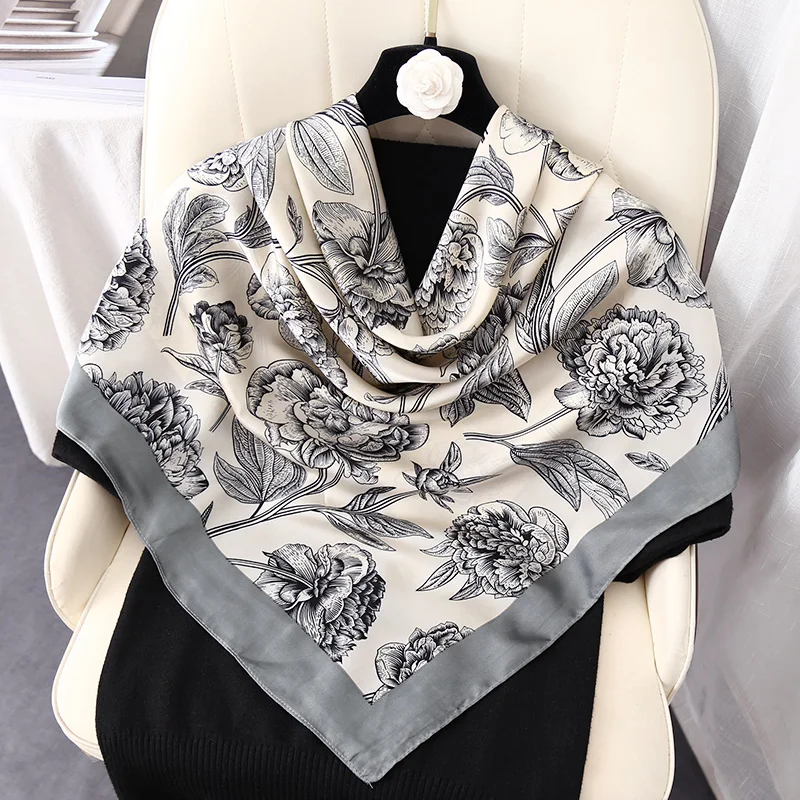 Spring Autumn Flower Printed Scarf Square Travel Beach Ladies Fashion Imitated Grey Silk Shawl Hijab