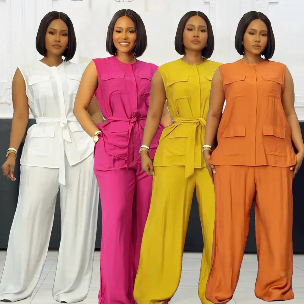 

Офисная одежда, женский комплект, блузка без рукавов, рубашка и широкие брюки, лето 2025 г., повседневные африканские комплекты из 2 предметов, одинаковые комплекты