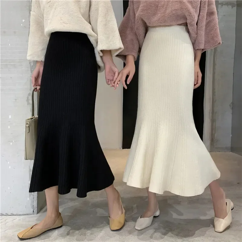 Rok wanita Fishtail, Rok wanita kantor panjang, sedang, sederhana, Rok terompet ramping mode pinggang tinggi, rajut, elegan, Solid, lembut