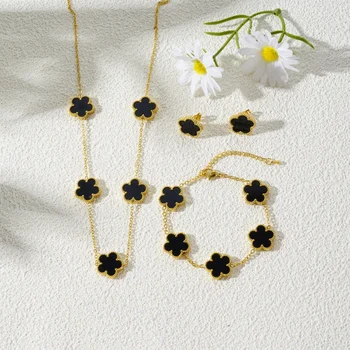 Gold-Plated Five-Leaf Flower Necklace Earrings Bracelet Jewelry Set For Woman Fashion Party Jewelry Daily Wear Gift
