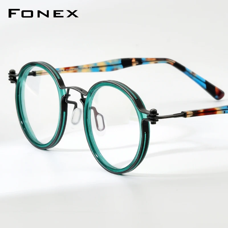 FONEX Acetate Titanium Eyeglasses Frame Women Brand Design Vintage Retro Round Glasses Men Spectacles Japanese Eyewear 85693