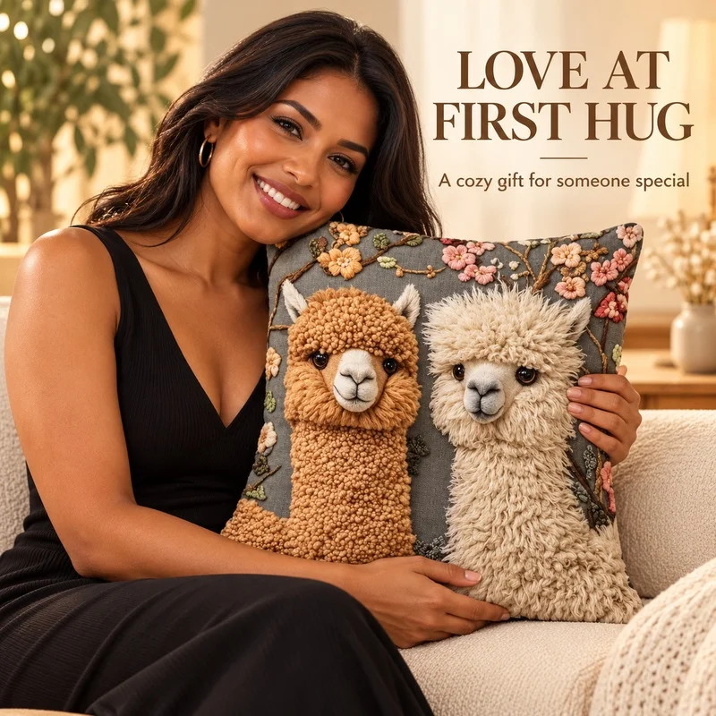 Cute Alpaca Throw Pillow Cover, Skin-Friendly Short Plush Cushion Case, Animal Print Decorative Pillowcase for Sofa Living Room