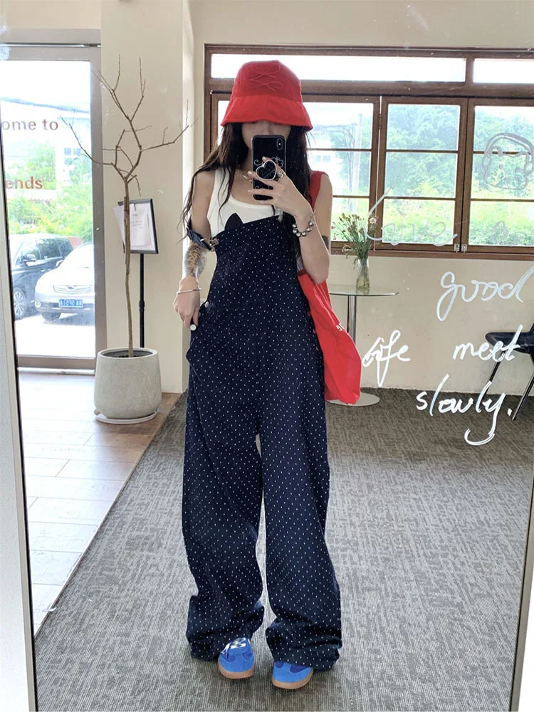 

Overalls Polka Dots Korean Leisure Fashion Sleeveless Loose Jumpsuit Womens Ladies Pockets Wide Leg Pants Long Trousers