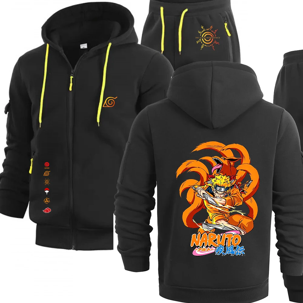 Conjunto de Agasalho Masculino Naruto Uzumaki Raposa de Nove Caudas com Estampa Gráfica, 2 Peças, Moletom com Zíper e Capuz, Calças Jogger, Streetwear