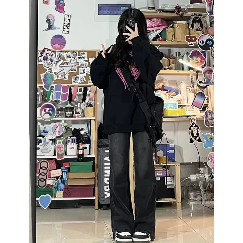 Streetwear Clothing Woman Jeans Flare Washed Worn Destroyed Torn Frayed Hem Ladies Female Denim Trousers Fashion Destroyed