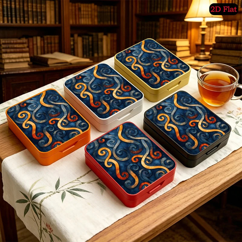 Orange and Blue Swirl Pattern Theme Pocket Portable UV Printed Tin Box, Flip Top Custom Tinplate Box, Travel Storage