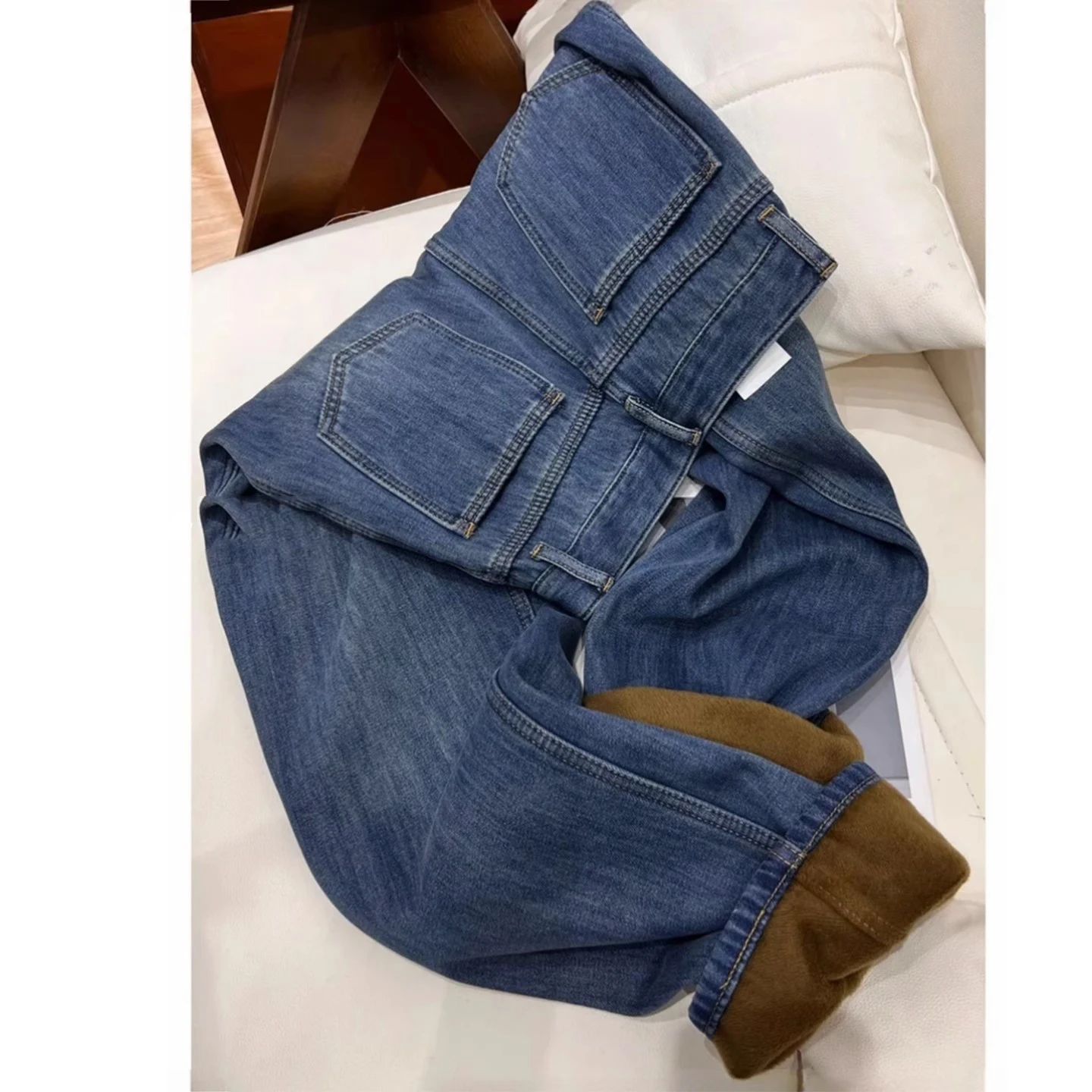 

Синие джинсы с подкладкой в стиле ретро, облегающие джинсы с высокой талией и широкими штанинами, женские свободные драпированные теплые брюки длиной до пола, прямой крой