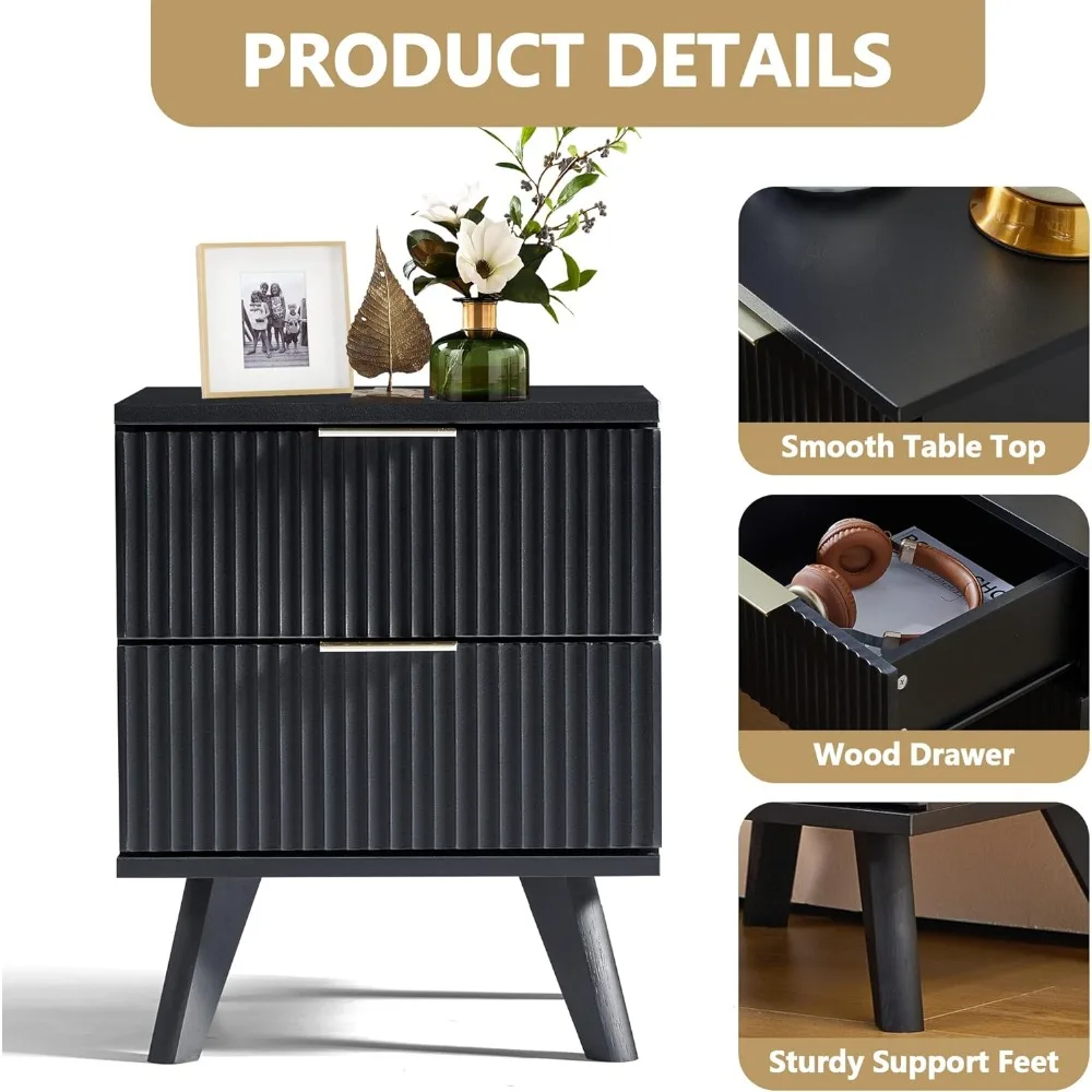 Mesa de cabeceira moderna de meados do século com 2 gavetas, mesa lateral compacta para quarto com design canelado