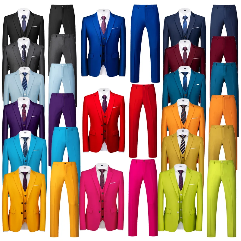 

2025 Новый однотонный комплект свадебных костюмов с двумя пуговицами для мужчин, в наличии 15 цветов, повседневный приталенный мужской пиджак + брюки + жилет, комплект из 3 предметов