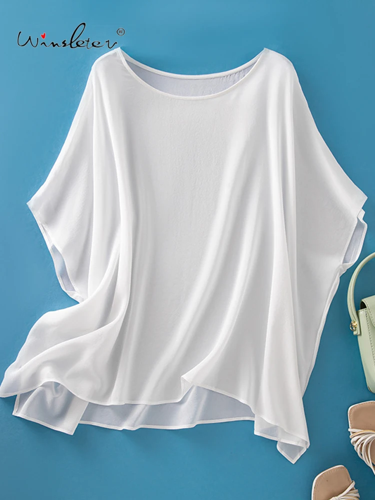 

Winsleter- 100% Silk Elegant T-shirt, Woman Batwing Sleeve O Neck, Solid Commute Loose Sunshade Cloak Top, 2025 Summer T58101CC